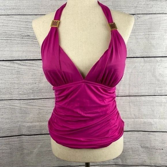 LA Blanca Fuchsia Halter Tankini Swim Bathing Suit Top with Gold Trim Si… - Picture 3 of 9